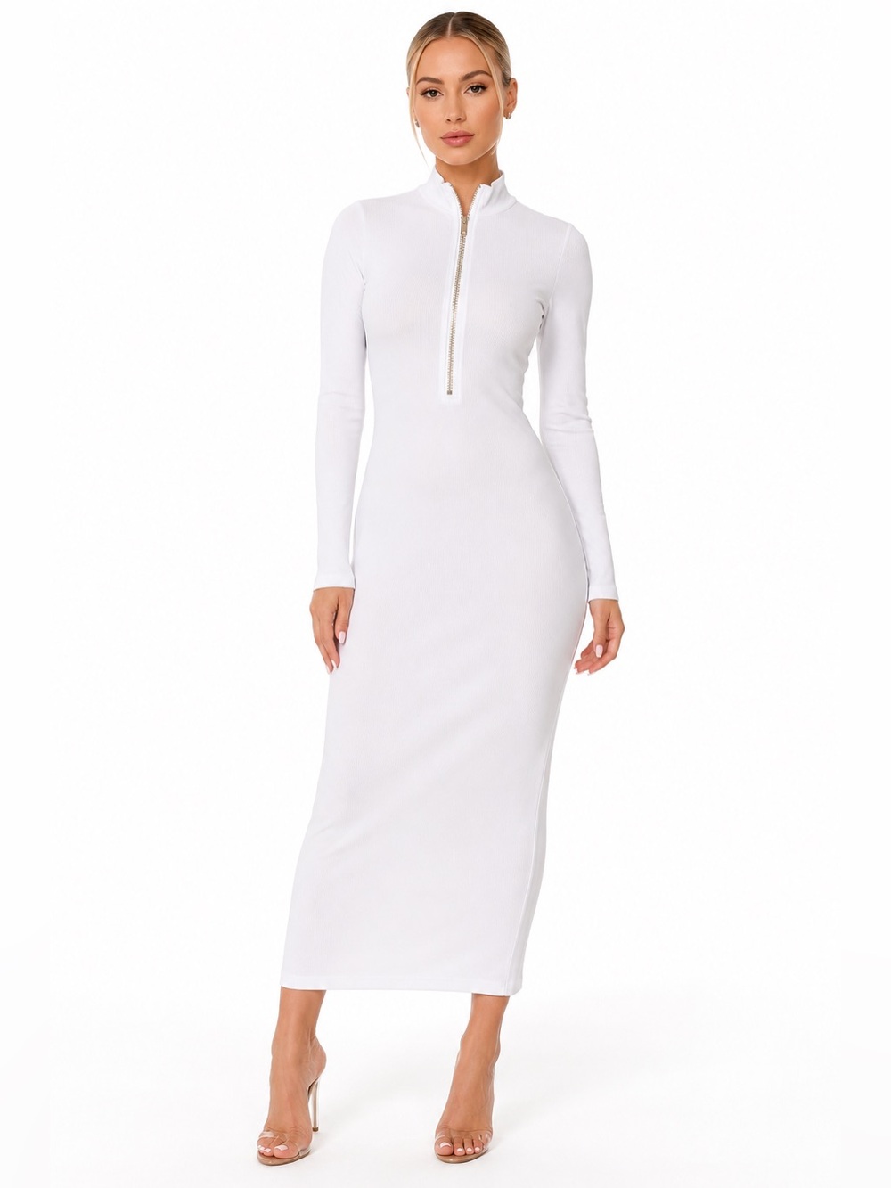Ribbed Long Sleeve White Zip-Front Maxi Dress